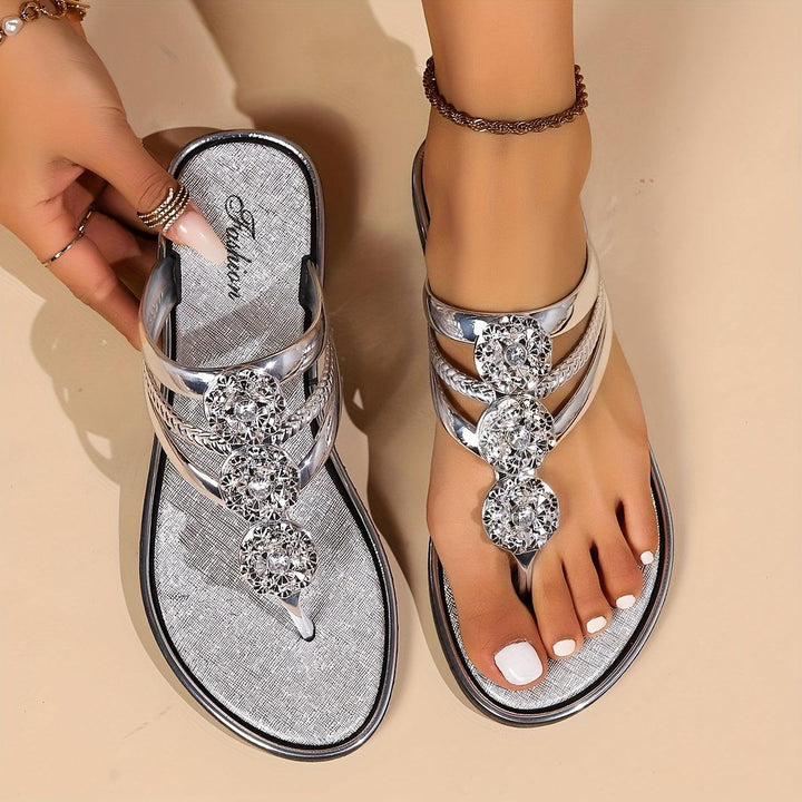 Sandals For Women | Rhinestone T-Strap Flat Sandals
