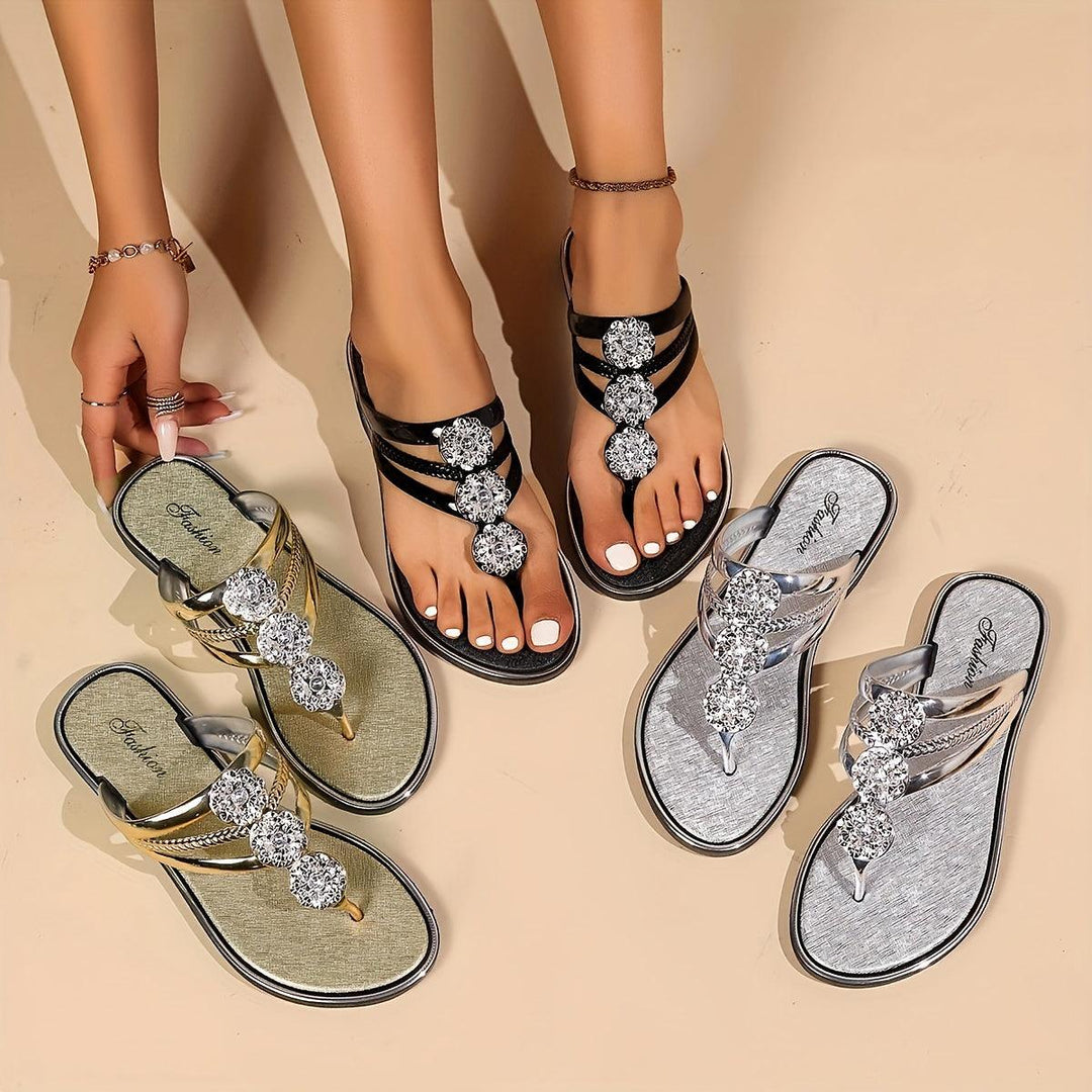 Sandals For Women | Rhinestone T-Strap Flat Sandals