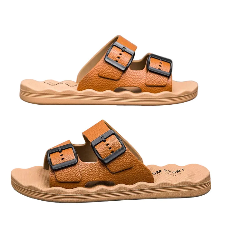 Men’s Dual Strap Slide Sandals with Open Toe and Adjustable Buckles