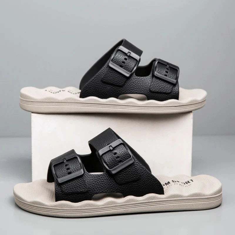 Men’s Dual Strap Slide Sandals with Open Toe and Adjustable Buckles