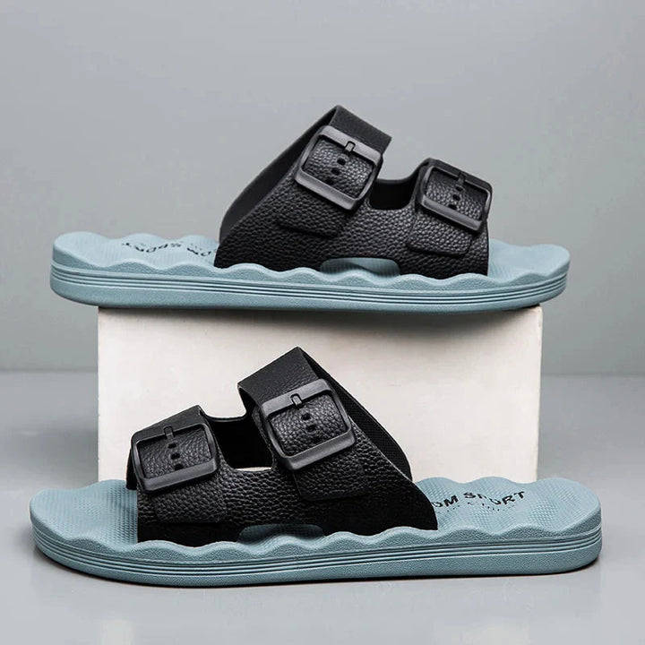 Men’s Dual Strap Slide Sandals with Open Toe and Adjustable Buckles