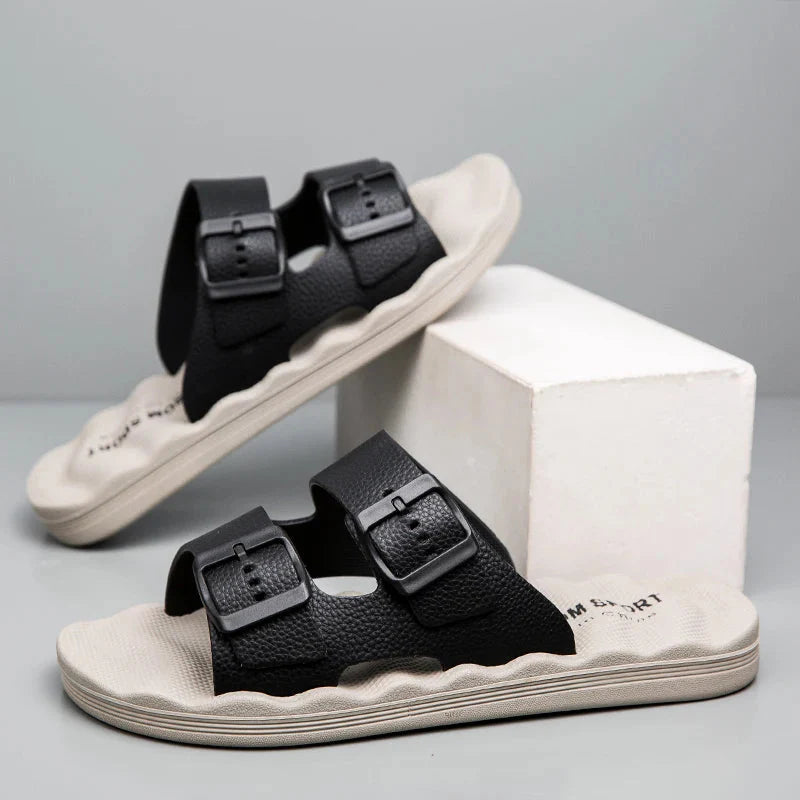 Men’s Dual Strap Slide Sandals with Open Toe and Adjustable Buckles