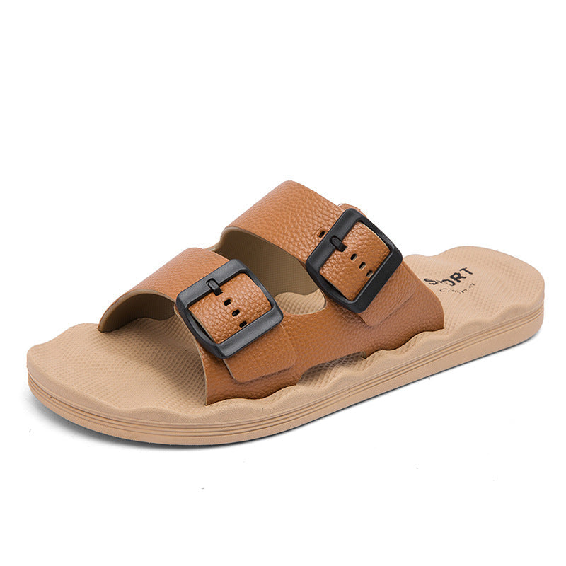 Men’s Dual Strap Slide Sandals with Open Toe and Adjustable Buckles