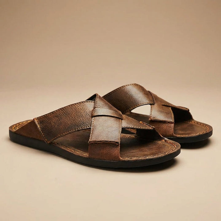 Men’s Leather Cross-Strap Slide Sandals with Contrast Topstitch Detail – Refined Casual Slip-On