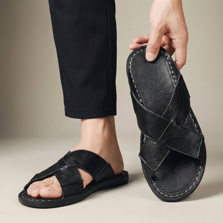 Men’s Leather Cross-Strap Slide Sandals with Contrast Topstitch Detail – Refined Casual Slip-On