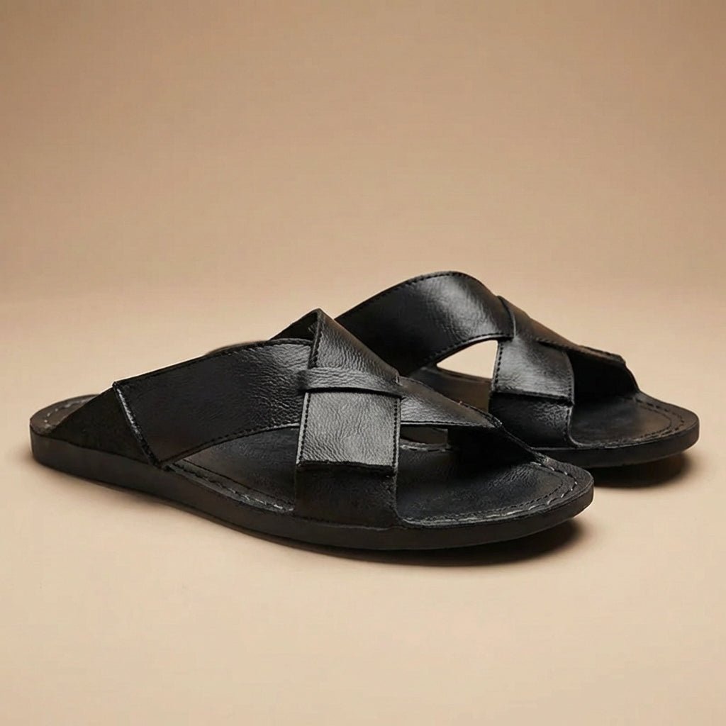 Men’s Leather Cross-Strap Slide Sandals with Contrast Topstitch Detail – Refined Casual Slip-On