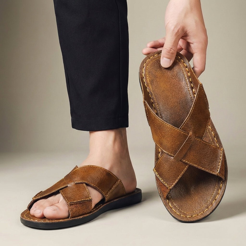 Men’s Leather Cross-Strap Slide Sandals with Contrast Topstitch Detail – Refined Casual Slip-On