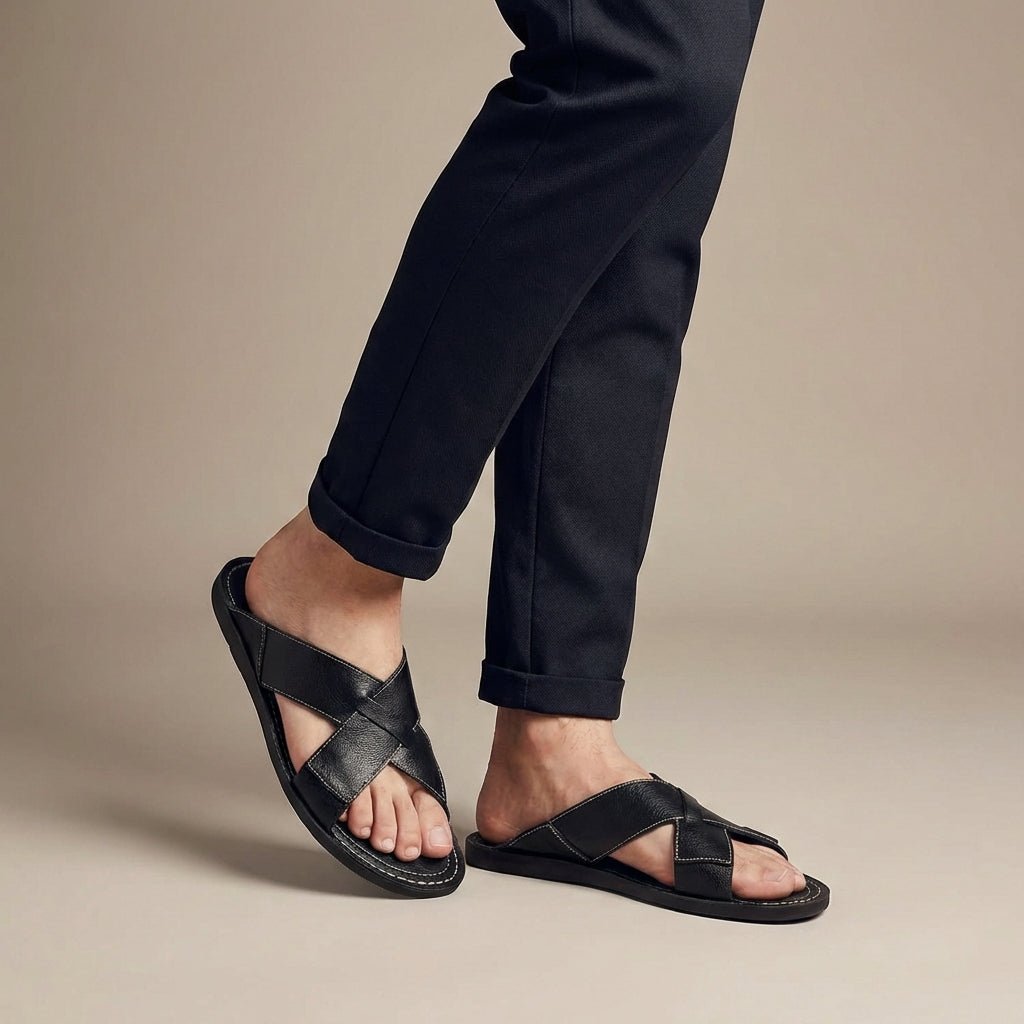 Men’s Leather Cross-Strap Slide Sandals with Contrast Topstitch Detail – Refined Casual Slip-On