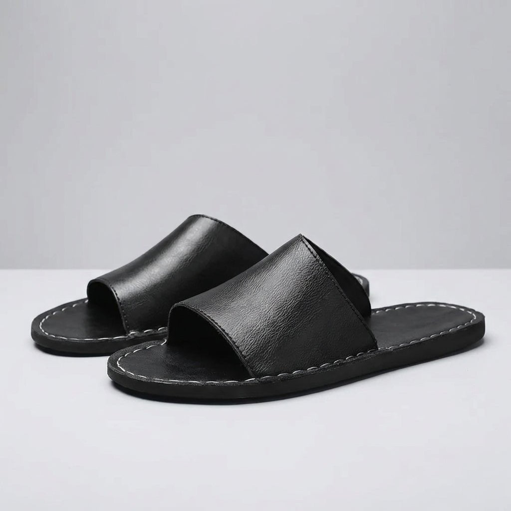 Men’s Minimalist Slip-On Slide Sandals with Contrast Stitch Detail - Faux Leather
