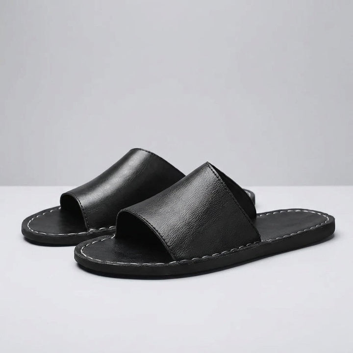 Men’s Minimalist Slip-On Slide Sandals with Contrast Stitch Detail - Faux Leather
