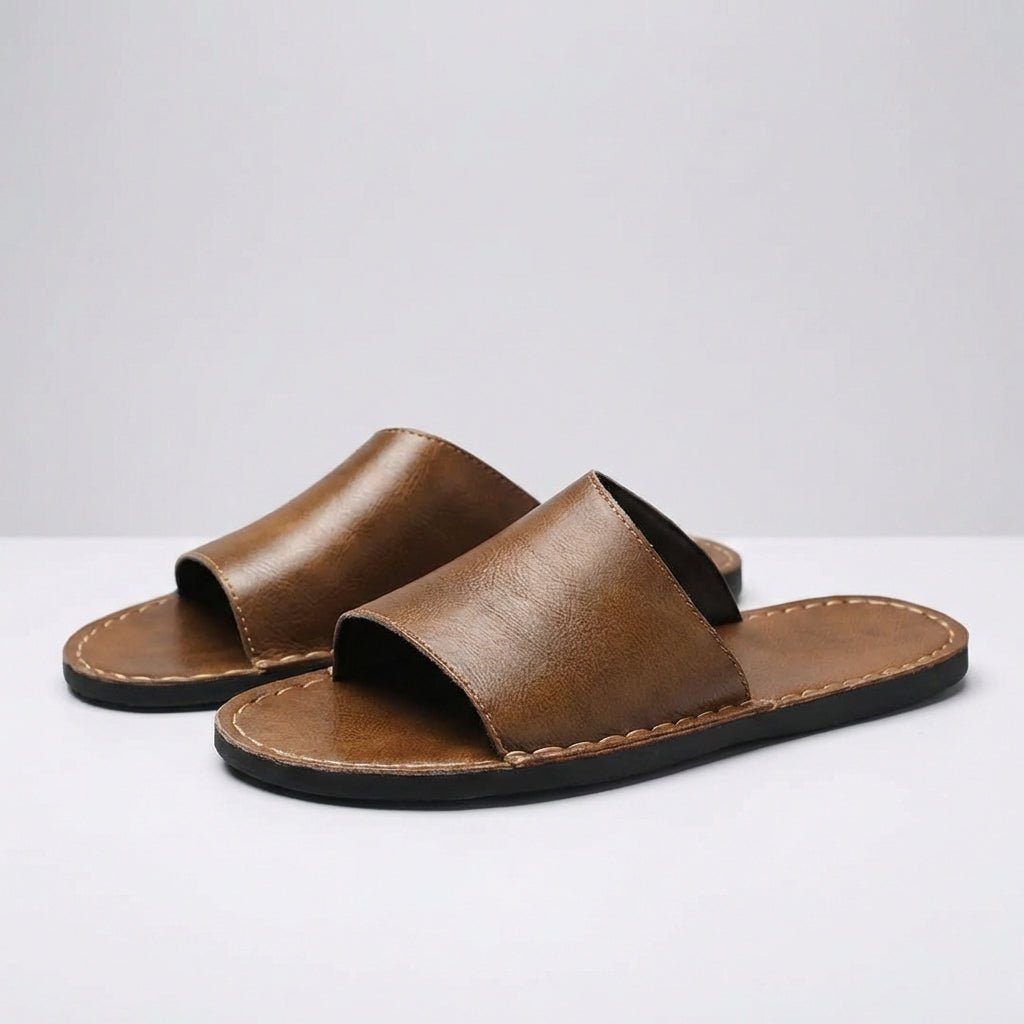 Men’s Minimalist Slip-On Slide Sandals with Contrast Stitch Detail - Faux Leather