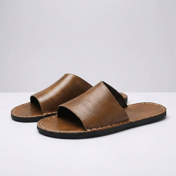 Men’s Minimalist Slip-On Slide Sandals with Contrast Stitch Detail - Faux Leather