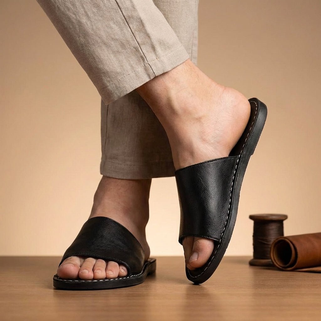 Men’s Minimalist Slip-On Slide Sandals with Contrast Stitch Detail - Faux Leather
