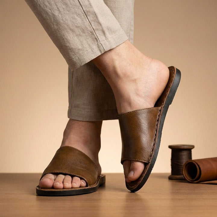 Men’s Minimalist Slip-On Slide Sandals with Contrast Stitch Detail - Faux Leather